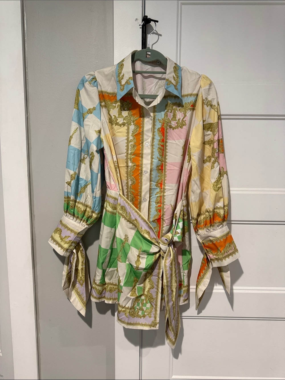 Charlotte Green Colorblock Scarf-Print Tie-Waist Blouse